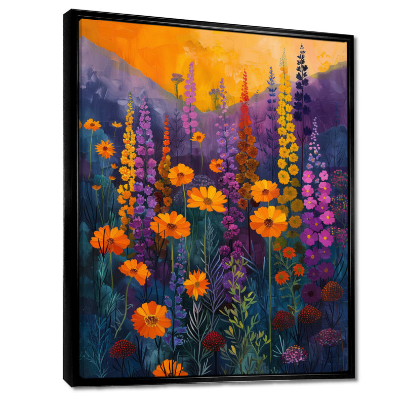 Jaune, mauve, vibrant, symphonie, fleurs sauvages - Art mural fleurs sauvages, Toile avec cadre flottant noir