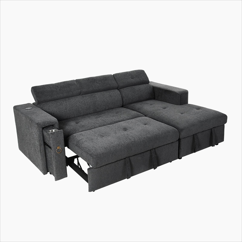 Pull-Out Sofa Bed L-Shape Sectional Sofa with Adjustable Headrest, Wireless Charging