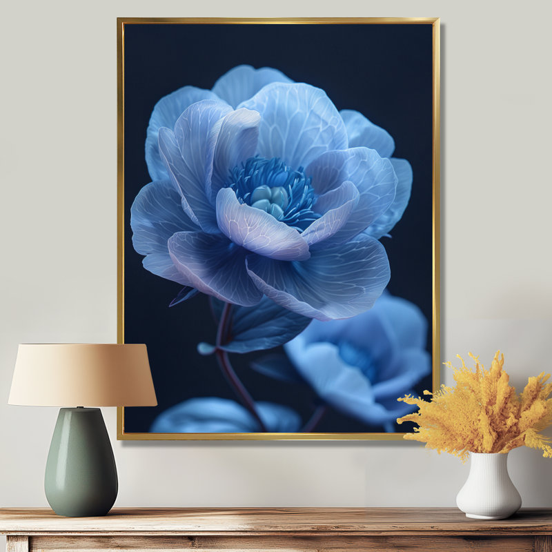 Bleu, noir, pivoines, nocturne, Nirvana I - pivoines, art mural, salon, Cadre doré, H 12 po x l 20 po