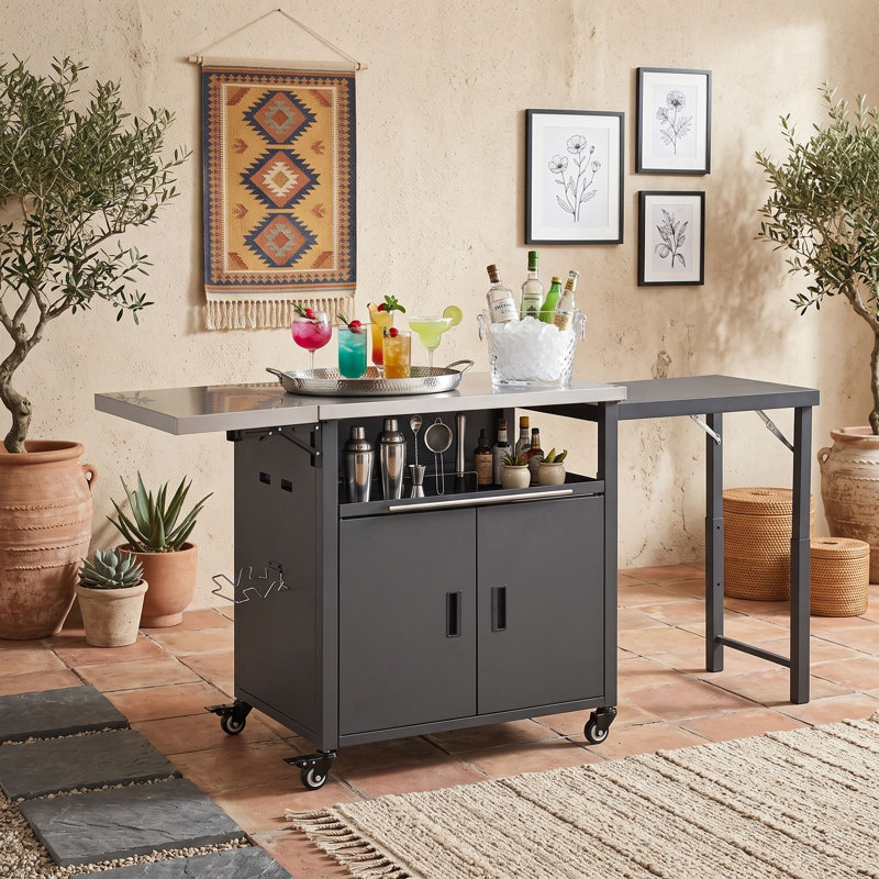 Cuisine extérieure pliable avec dessus de table en acier inoxydable, armoire, support à déchets et roues verrouillables, Gris