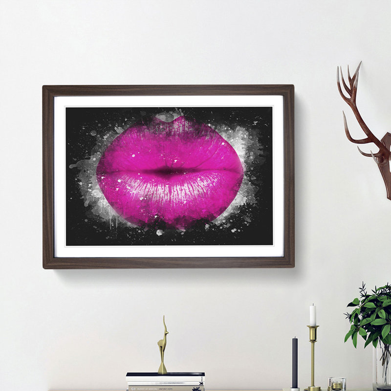 Hot Pink Lips - Picture Frame Graphic Art Print on MDF, Walnut Framed, 62cm H x 87cm W x 2cm D