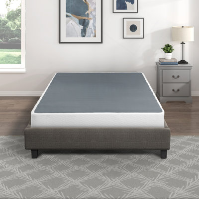 Queen Mattress Foundation 1Pc Black Metal Frame With Textured Fabric Cover by 17 Stories