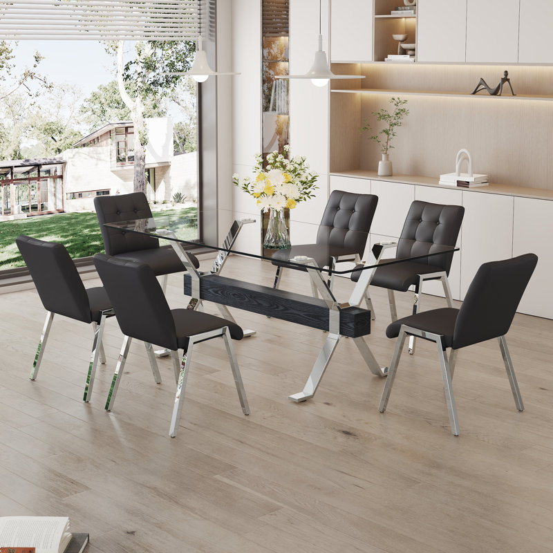Ensemble de table de salle à manger, Noir, 7, Argent / noir