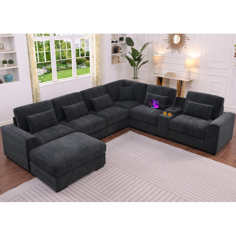 146" L-Shaped Sectional Couch With Movable Ottoman&6 Throw Pillow,7 Seat Chenille Upholstered Sofa W/2 Cup Holder,USB Port&Hidden Storage Box,DIY Combination,For Livingroom