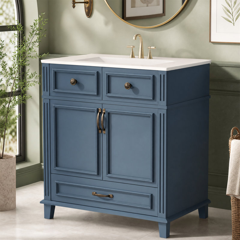 30" Bathroom Vanity With Ceramic Sink, Solid Wood Frame, Soft Closing Doors & Ample Storage, Blue Retro Style - Blue, 30"