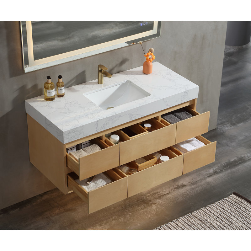 Meuble-lavabo flottant 48 po en érable avec comptoir en marbre d'ingénierie, lavabo encastré en céramique, éclairage DEL et 6 tiroirs à fermeture en douceur - finition naturelle