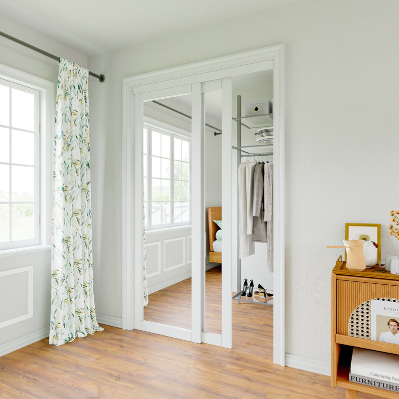 1 Lite Mirrored Glass White Primed Solid Core Sliding Closet Door With Hardware, 48" x 80.4"