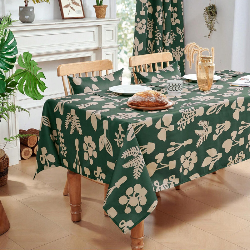 Foliage Flower Patterned Tablecloth, 1 PCS, Dark Green, 54" x 72"