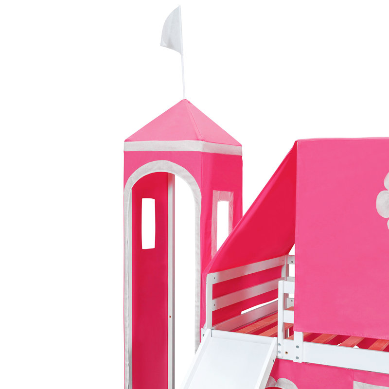 Lit mezzanine simple rose avec glissade et tour - Construction, sous rangement, espace semi-fermé pour les parties de thé, lattes compatibles avec la tente, comme dans la chambre à coucher