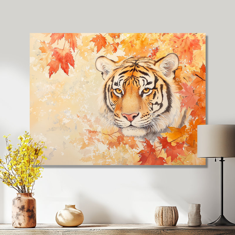 Tigre dans les feuilles d'automne II - animaux, décoration murale en métal, impression sur tigre, H 24 po x l 32 po