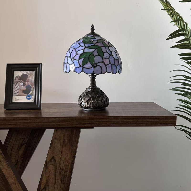Haruko Tiffany Table Lamp Blue Stained Glass Green Leaves LED Bulb Included Dragonfly Base 10"W*10"D*14"H, Purple/Green