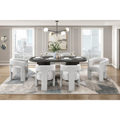 7pc Modern Dining Set Ebony Finish Table and Light Gray 6x Chairs Contemporary Design Wooden Furniture
