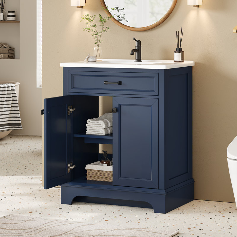 28" Single Bathroom Vanity With Ceramic Top And Double-Door Storage Cabinet, Blue
