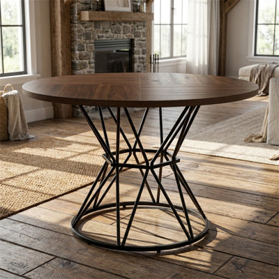 Round Dining Table (Suitable for 4 to 6 People), 47.3-inch diameter, 4 MDF panels with hourglass-shaped metal base, large table, modern industrial style, Walnut