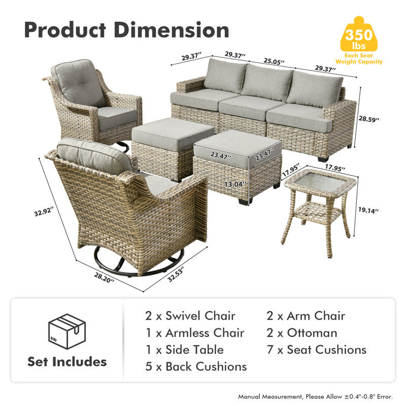 Ensemble de conversation d'extérieur pour 5 personnes, canapé de patio en osier et fauteuil pivotant avec coussins Wahkon