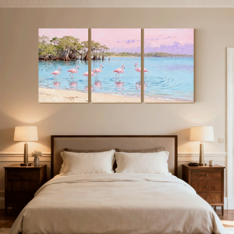 Plage, flamants roses roses marchant sur la plage, ensemble de 3 impressions sur toile, H 18 po x l 36 po