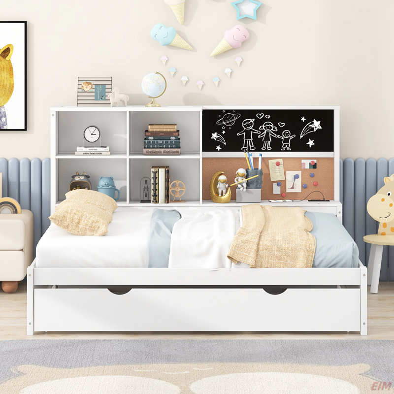 Daybed With Storage Shelves, Blackboard, Cork Board, USB Ports And Twin Size Trundle (Daybed), Full
