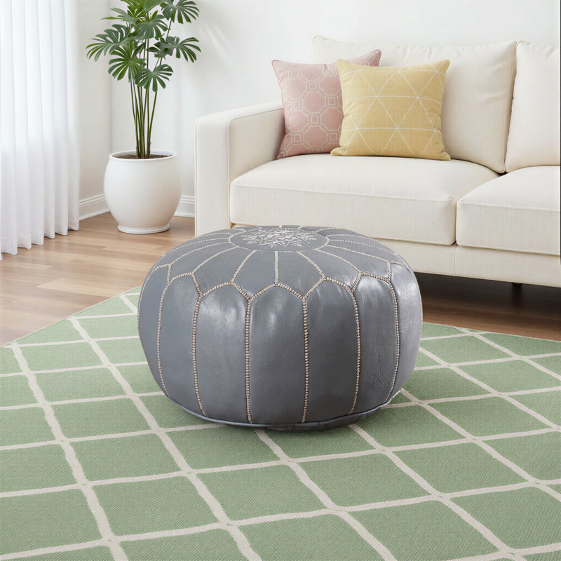 Cherise Moroccan Leather Pouf, Gray