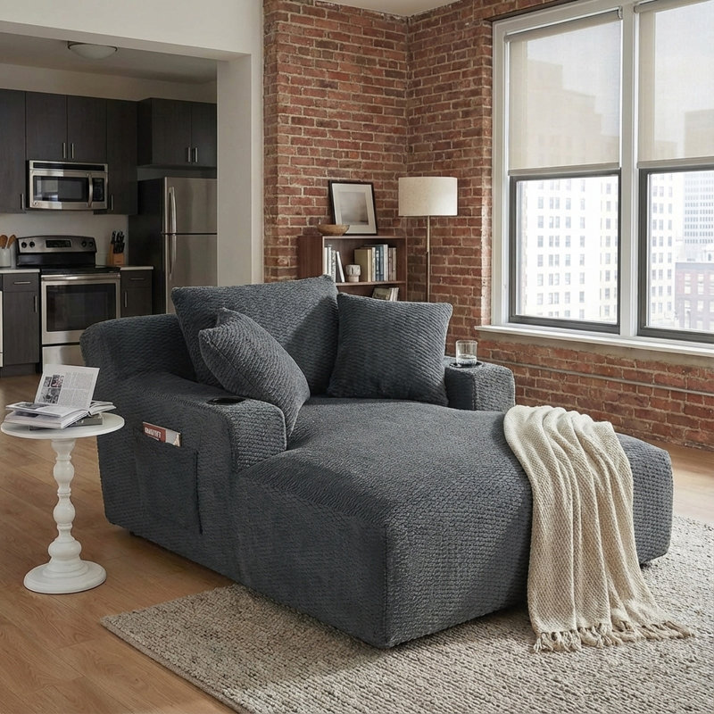 Boneless Oversized Chaise Lounge Chair - Upholstered Couch Cloud Boneless Chair,Deep Seat Sleeper Sofa with Cup Holders and Side Pockets,Comfy Reading Chair for Living Room