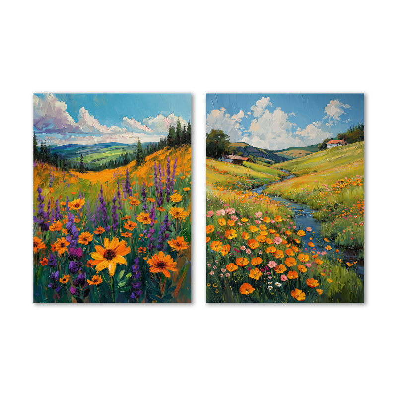 Ensemble de 2 impressions murales jaunes en fleurs d'été Meadow Breeze I - botanique en métal, 32" H x 48" W