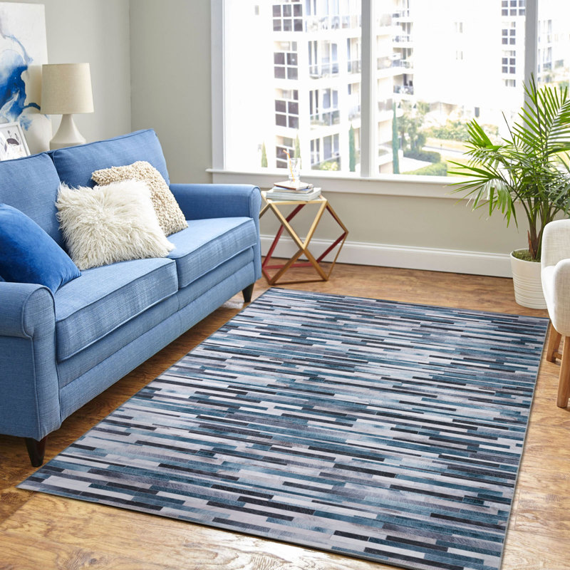  Modern Geometric Stripe Design Performance Machine Washable Rug Blue, Rectangle 3’ x 5’