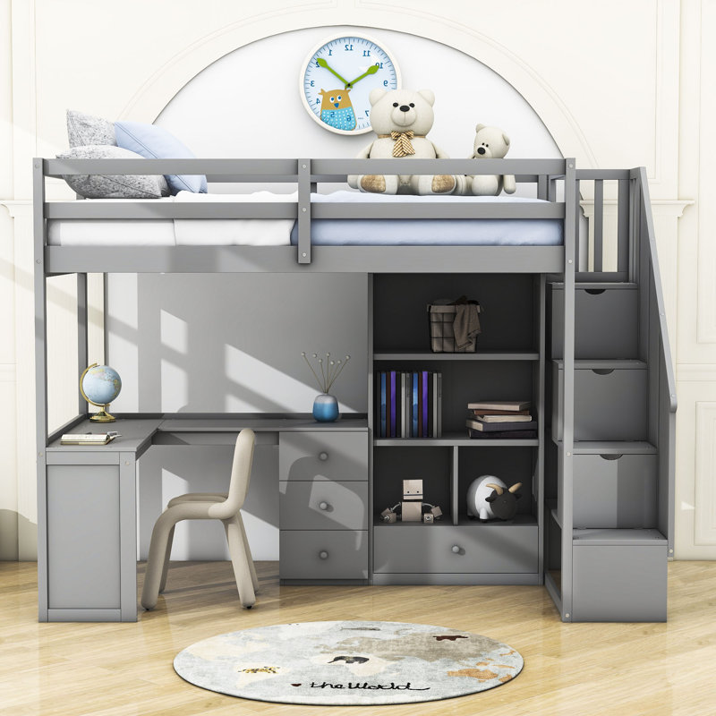 Haken Kids Twin Loft Bed with Drawers, Gray