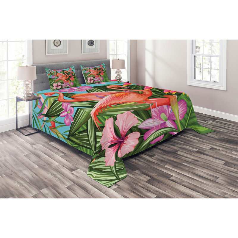 King Multicolor Flamingo Microfiber Quilted Bedspread Set