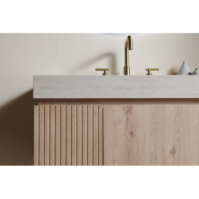 Meuble-lavabo mural 36 po avec comptoir en pierre frittée et lavabo encastré en céramique Muri, Chêne blanc, Beige, 36"