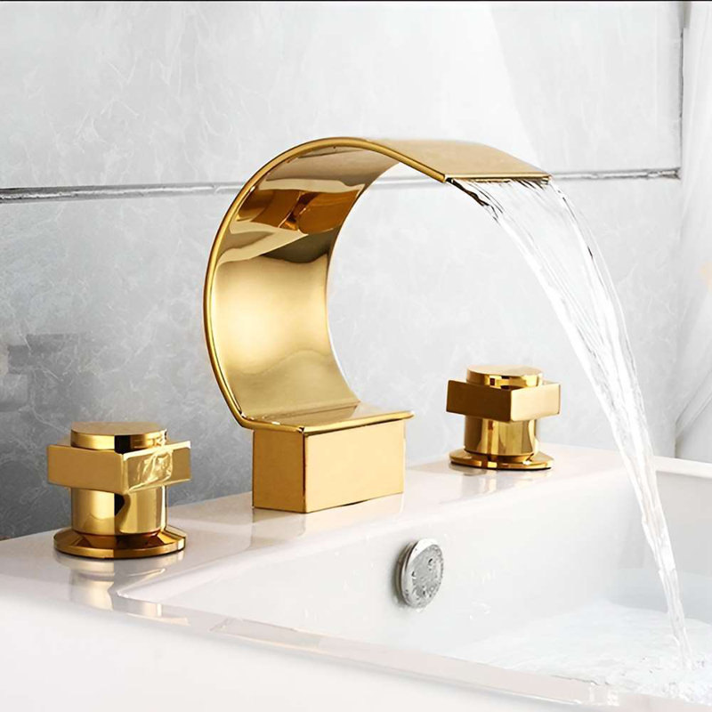 Gold Polished Waterfall Widespread Bathtub Faucet – Luxurious Deck-Mount Design