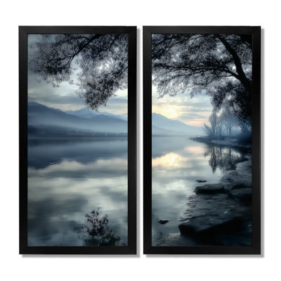 «Serene Lake At Dawn With First Light», art mural sur lac, paysage bleu, 2 pièces