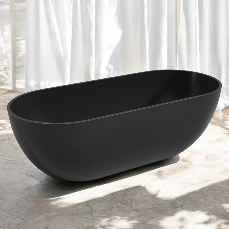 69" x 29.5" Solid Surface Stone Resin Freestanding Soaking Bathtub, Matte Black