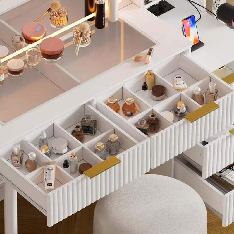 Vanity Desk With With Mirror And Lights, Makeup Vanity Table With Glass Top ,Dressing Table With Drawers, Bedroom Makeup Table For Women (White-Glass Top)