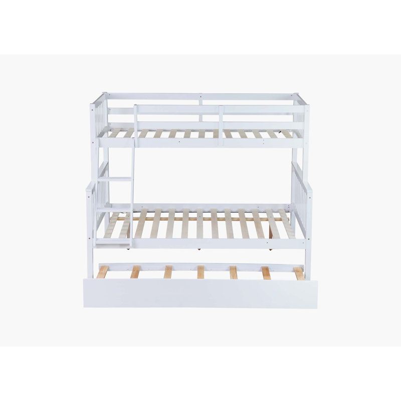 Lit superposé simple en bois d'hévéa blanc avec lit gigogne, échelle convertible, garde-corps et conception amovible, Blanc