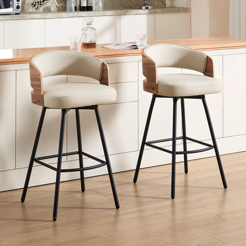 Tabouret de comptoir pivotant en similicuir avec dossier en bois cintré (ensemble de 2), Beige