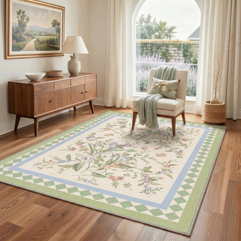 Tapis antidérapant floral ivoire / vert Performance, Rectangle 4 pi x 6 pi