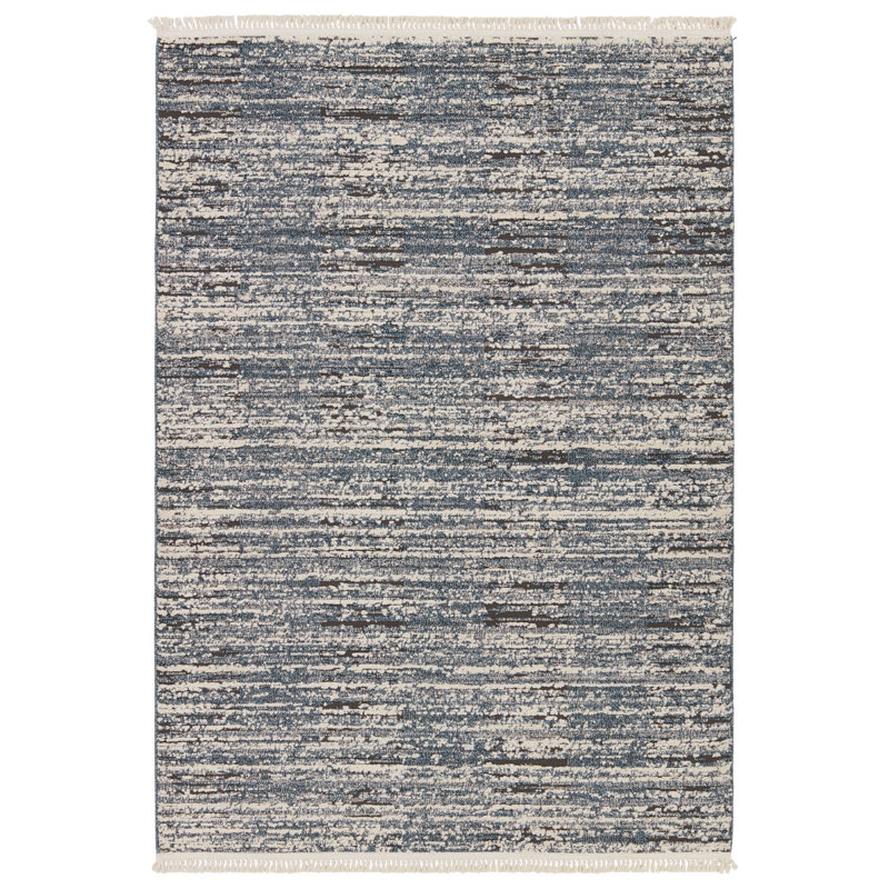 Tapis rayé bleu / gris en polypropylène / polyester tissé à la machine, Rectangle de 10 pi x 14 pi