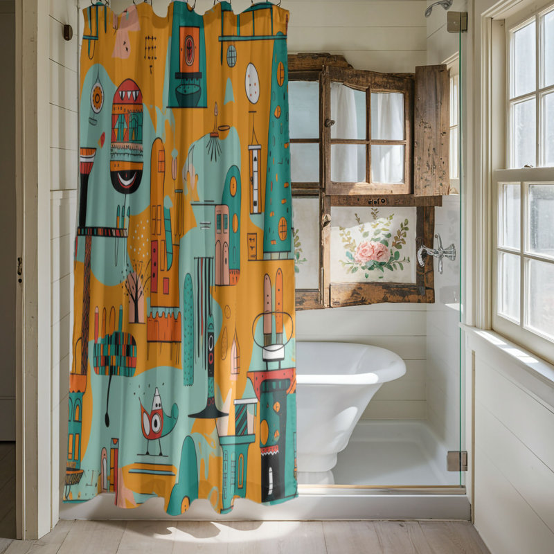 Happy Town - Rideau de douche Premium, H 74 po x l 71 po