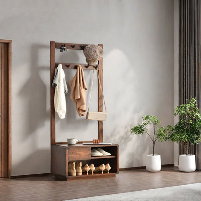 Oak Coat Rack Dual Hooks Drawer Storage