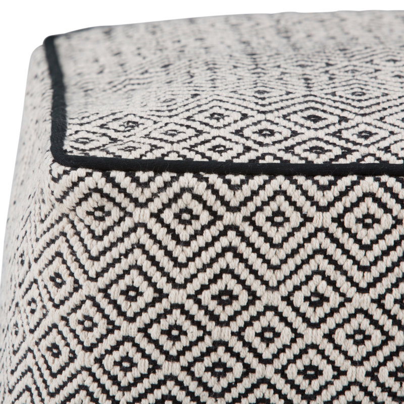 18 Inch Wide Square Pouf In Patterned Black And Natural Handwoven Cotton