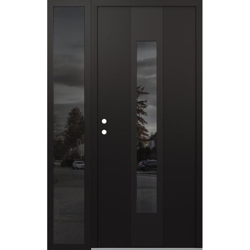Porte d'entrée pré-suspendue en acier noir avec panneau latéral droit et côté droit, L 53,25 po x H 81,69 po, Réfléchissant