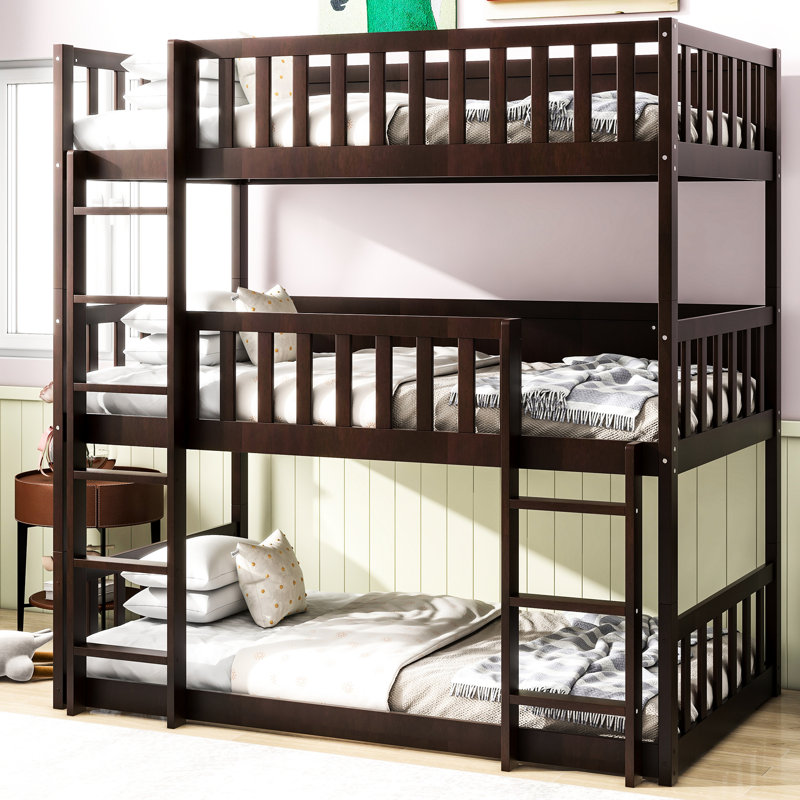 Twin Size Triple Rubber Wood Bunk Bed With Detachable Guardrails, , Ladders For Apartment Bedroom Bed, Size, Ladders, Guardrails Vintage