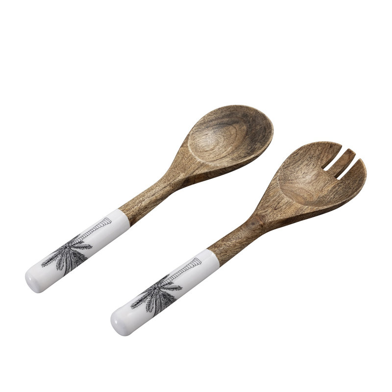 Mango Wood Salad Server Set Of 2 W/Print