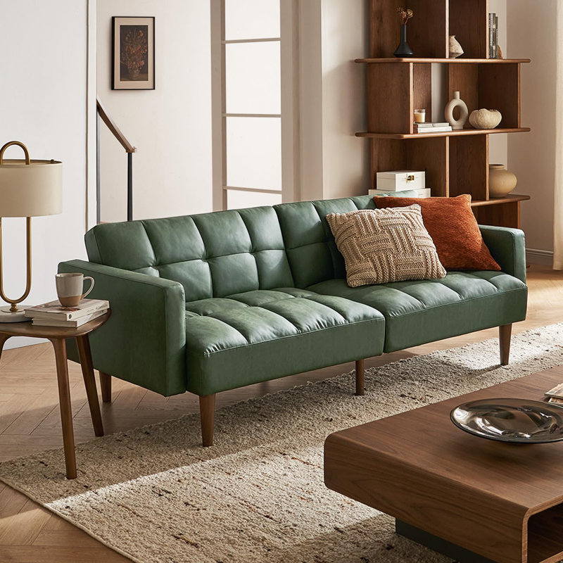 Reiana Twin 76.8'' Faux Leather Convertible Sofa, Sage Green Faux Leather