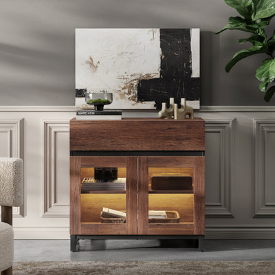 Meuble télé moderne avec portes en verre pour téléviseurs de 40 po, console de divertissement avec tiroir et base en métal pour le salon, la chambre à coucher
