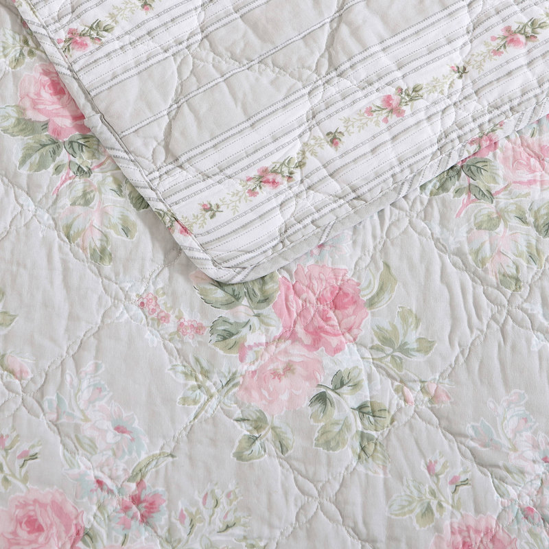 Laura Ashley Melany Pink Cotton Reversible Quilt Set, Twin Quilt + 1 Standard Sham