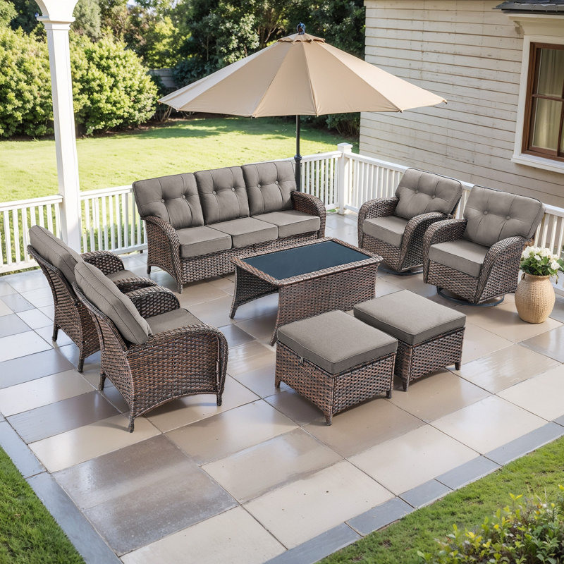 Fiorillo 8-Piece Outdoor Wicker Patio Conversation Set With Cushions/2 Swivel Chairs And 2 Lounge Chairs, Gray