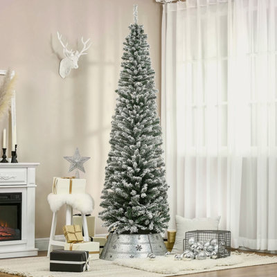 7.5' Tall Unlit Snow-Flocked Slim Artificial Christmas Tree With Realistic Branches And 738 Tips