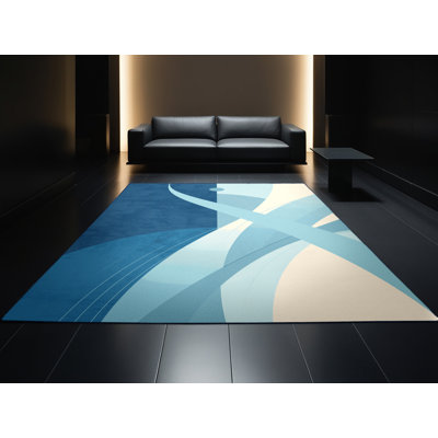 Machine Washable Hambrook Pole Vault Sleek & Chic Modern Arc Rug in Blue – Navy Binding