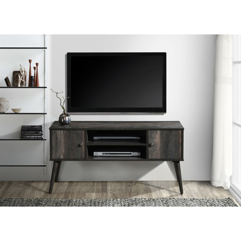 Meuble télé de style années 50, 120 cm, compatible avec les téléviseurs de 50 à 55 pouces, 2 tablettes ouvertes et 2 placards, fini gris rustique.
