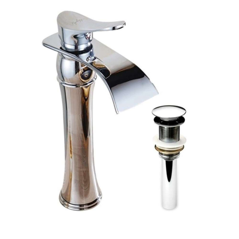 Burgos Single Handle Bathroom Sink Faucet with Drain – Chrome Finish, Waterfall Spout, Deck-Mount Design